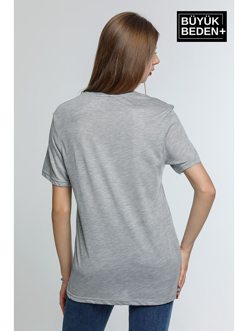 Gri Kadın Büyük Beden L.v. Est Belle Baskılı Bisiklet Yaka Tshırt SPR25BTK910-1