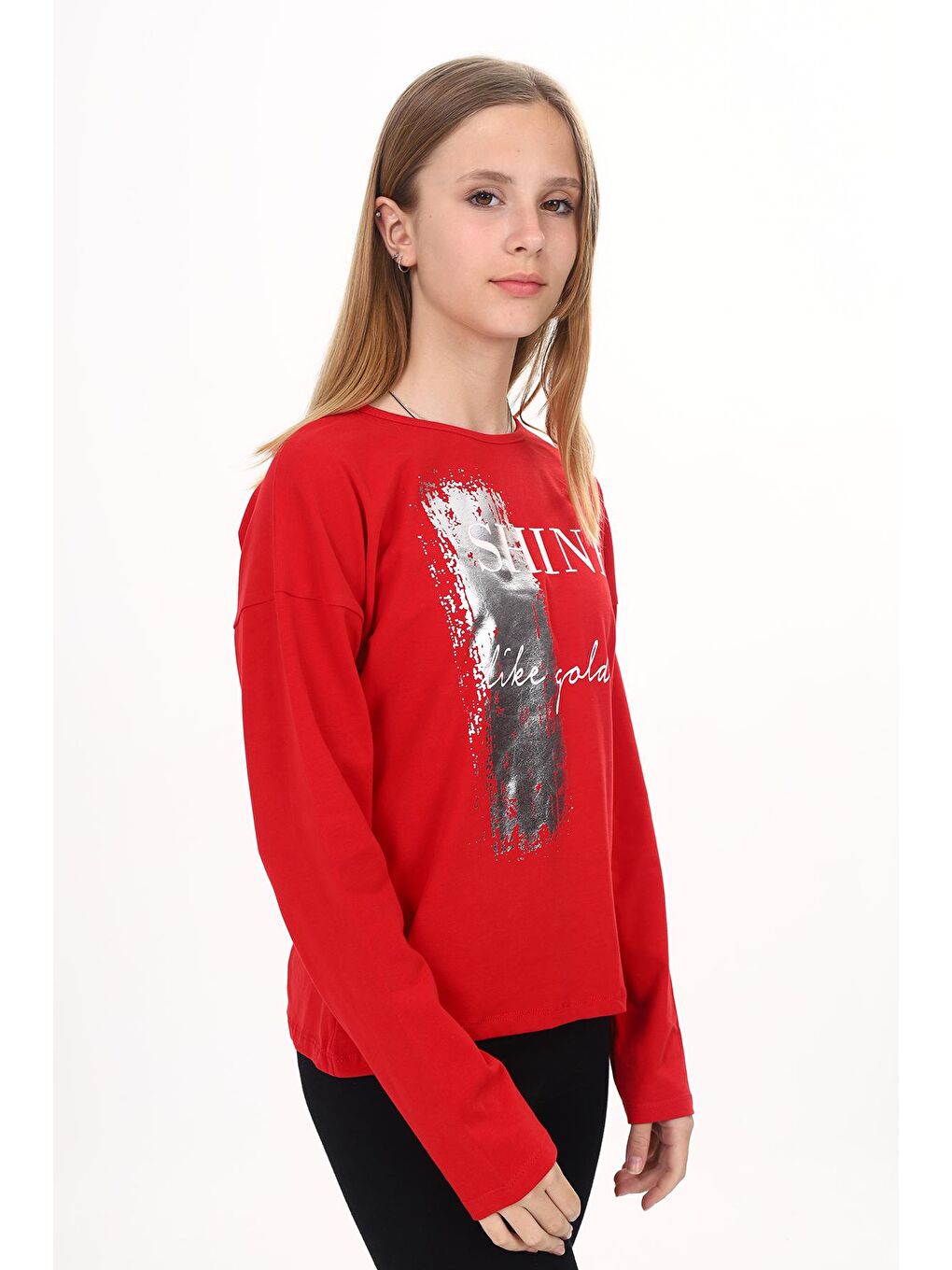 Toontoykids Kırmızı Kız Çocuk Sweatshirt Shine Varak Baskılı - 1