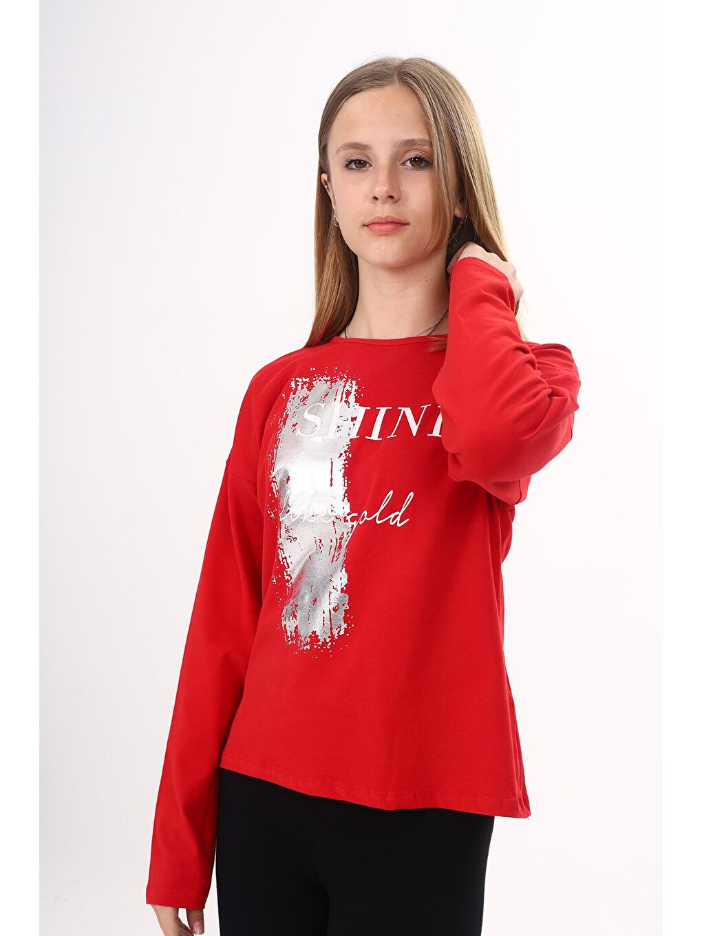 Toontoykids Kırmızı Kız Çocuk Sweatshirt Shine Varak Baskılı - 2