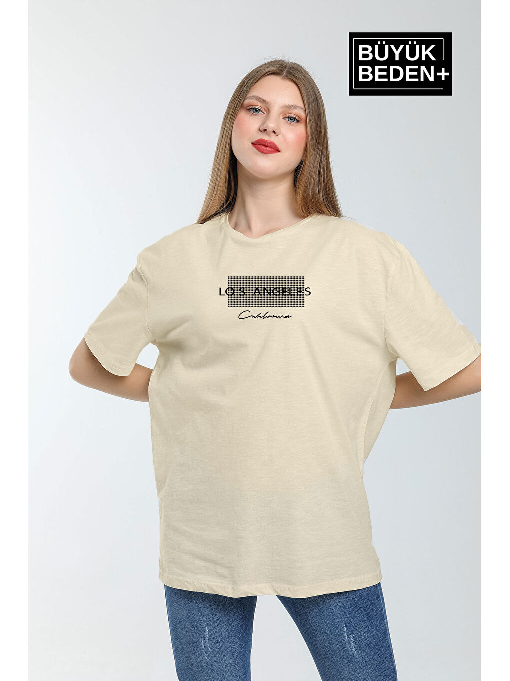 Bej Kadın Büyük Beden Las Angeles Baskılı Bisiklet Yaka Tshırt SPR25BTK909