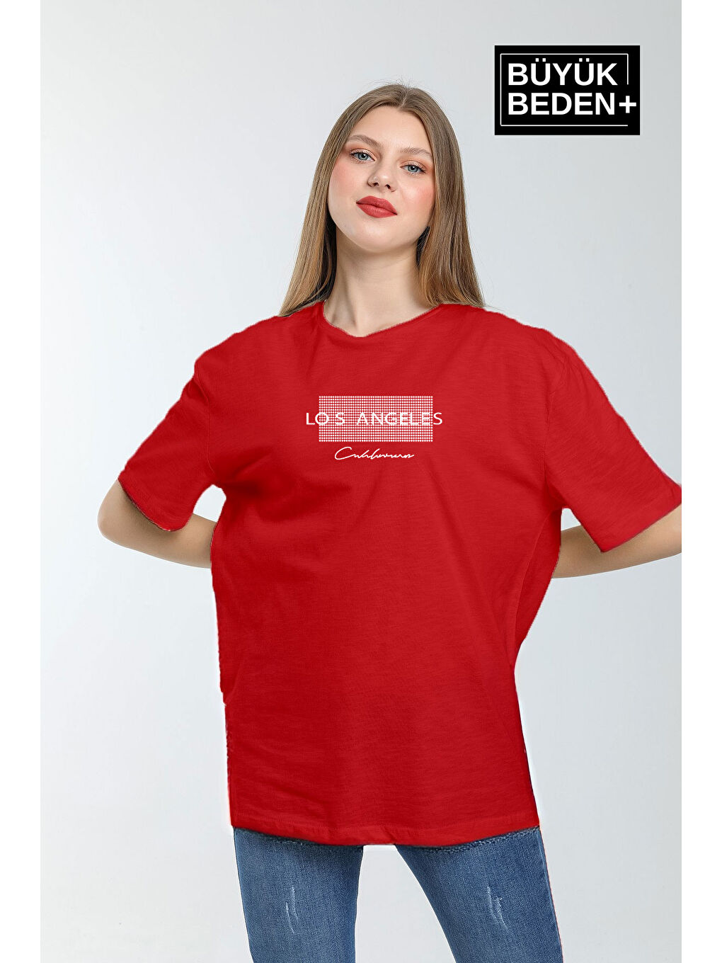 Kırmızı Kadın Büyük Beden Las Angeles Baskılı Bisiklet Yaka Tshırt SPR25BTK909