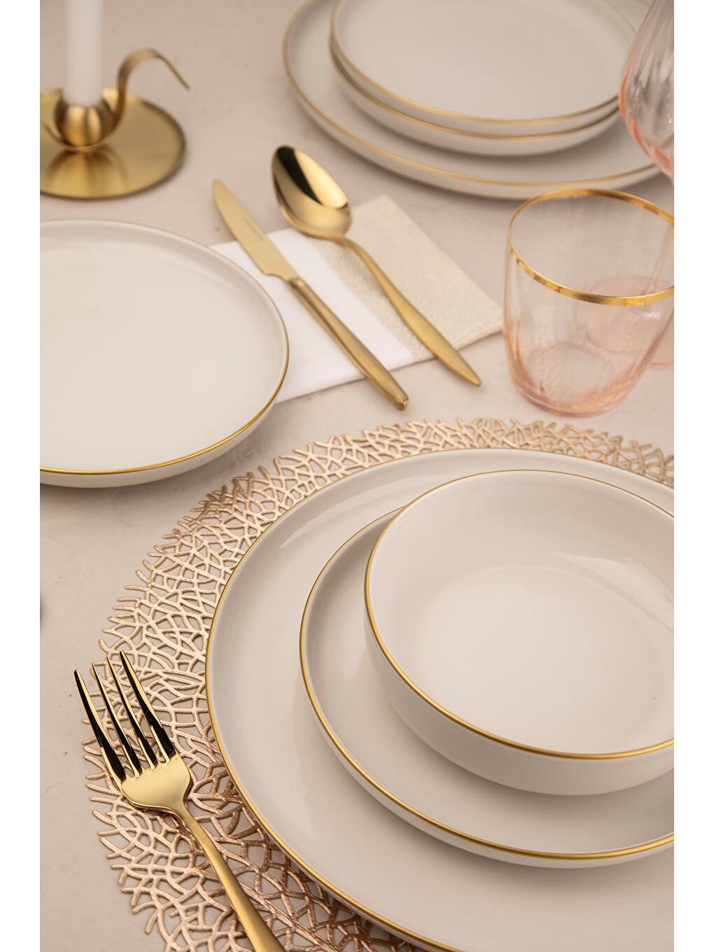 Ekru Moderna Yemek Takımı Altın File 24 parça 6 Kişilik MOD24Y2A45R520
