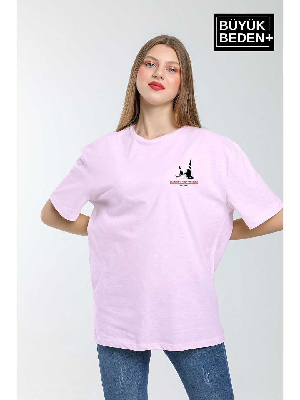 Pembe Kadın Büyük Beden Yelken Baskılı Bisiklet Yaka Tshırt SPR25BTSK903