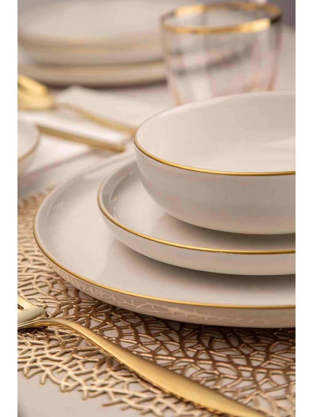 Ekru Moderna Yemek Takımı Altın File 24 parça 6 Kişilik MOD24Y2A45R520-1