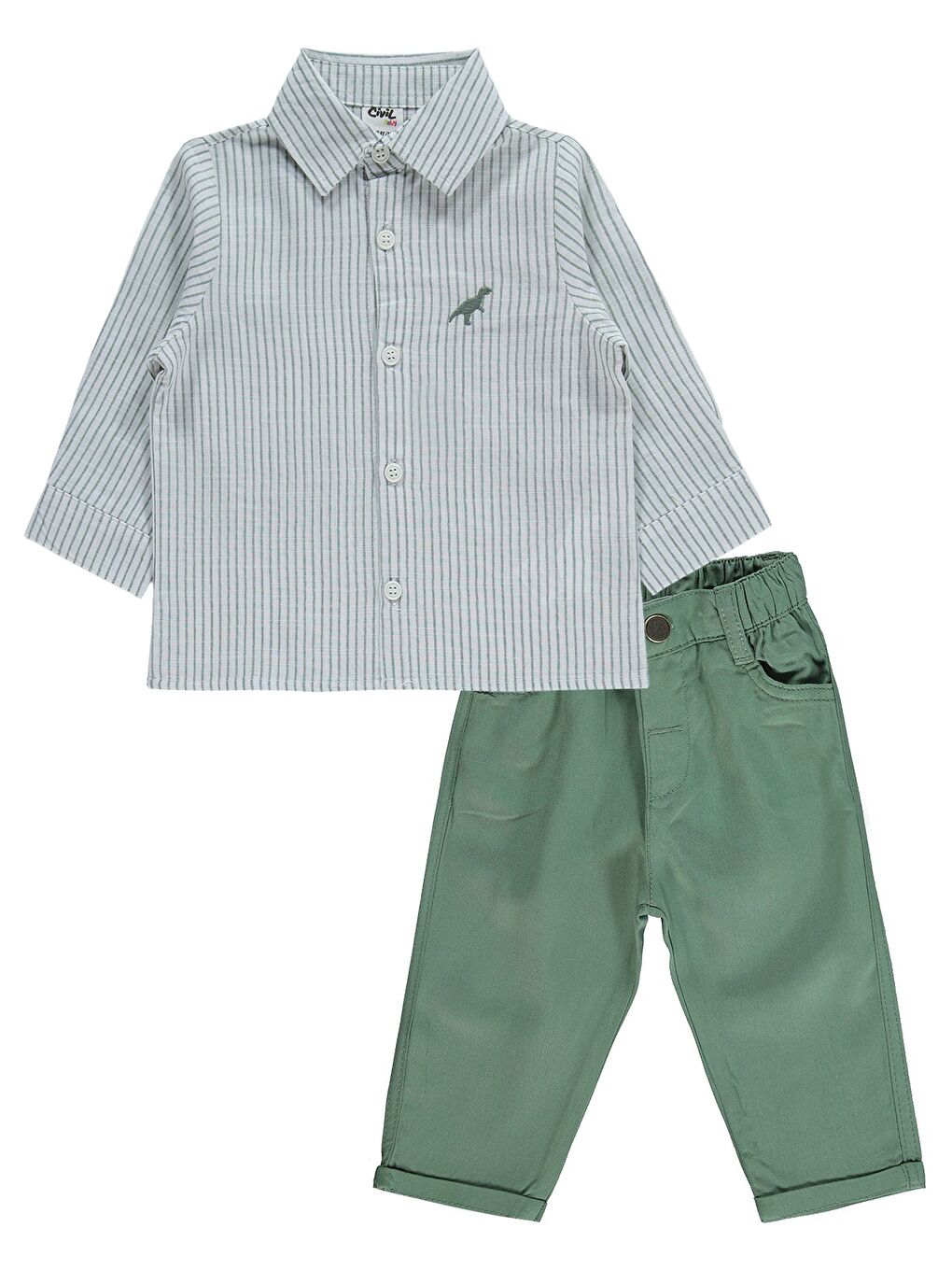 Baby Erkek Bebek Dinozor Nakışlı 6-18 Ay Takım - Haki-2