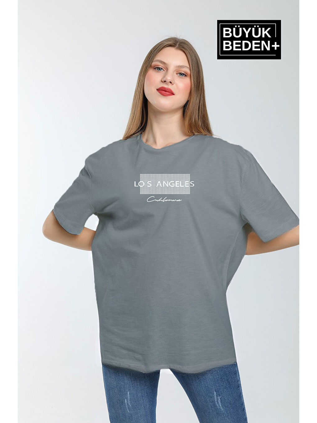 Gri Kadın Büyük Beden Las Angeles Baskılı Bisiklet Yaka Tshırt SPR25BTK909