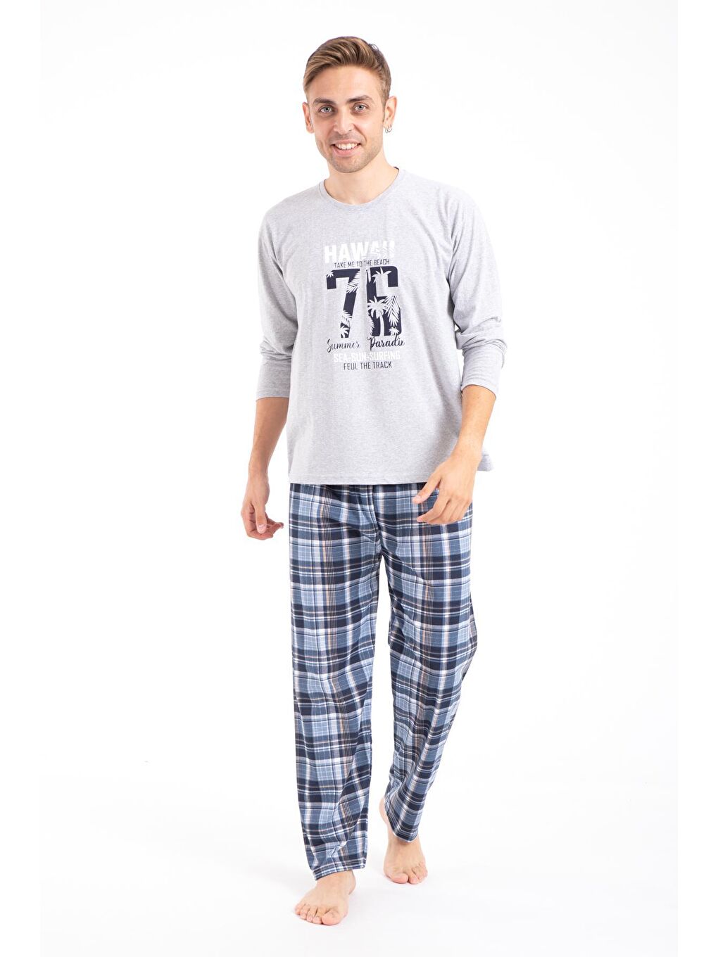 TAMPAP Gri Erkek Baskılı Pijama Takımı Uzun Kollu 2170