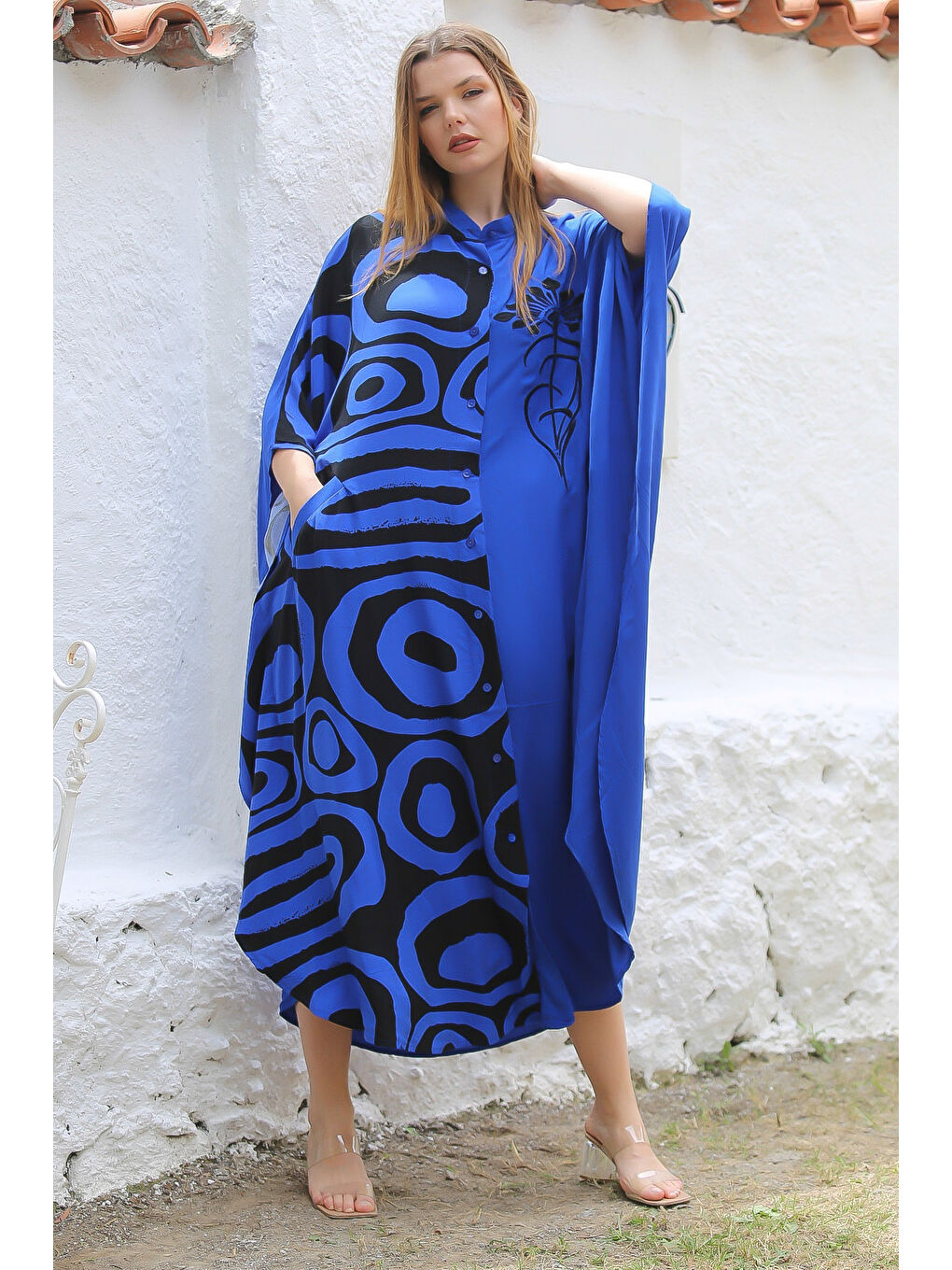 Siyah-Mavi Hakim Yaka Yarasa Kol Düğmeli Fleto Cep Baskılı Dokuma Oversize Casual Elbise-5