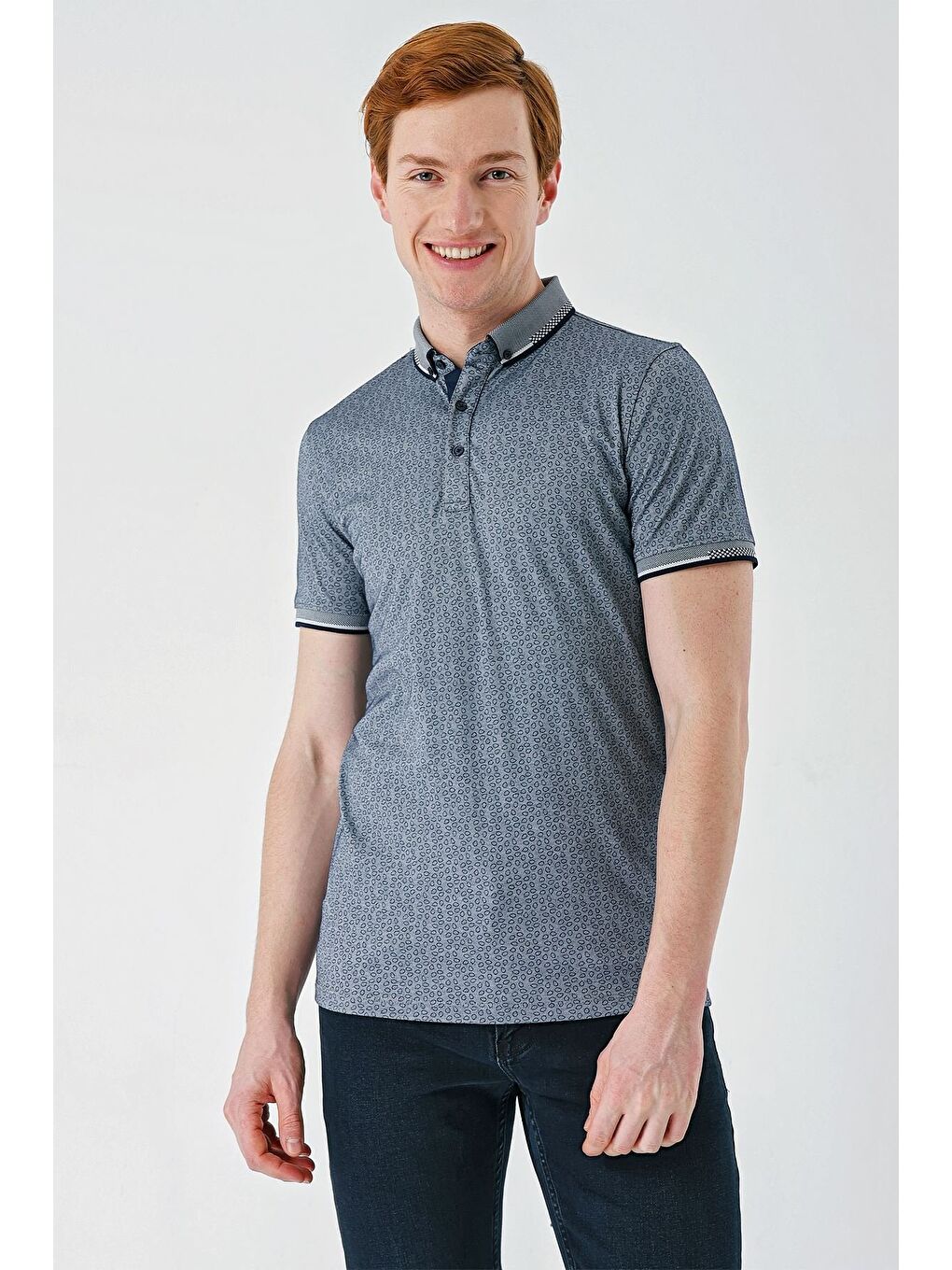 Koyu Lacivert Baskılı Oxford Düğmeli Yaka Cepli Pamuklu Casual Slim Fit Dar Kesim Tişört 1011240177