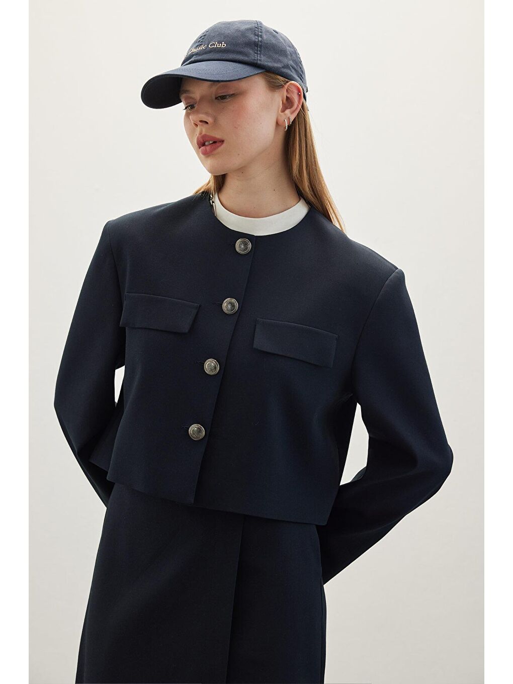 Metal Düğmeli Kısa Ceket Lacivert-3