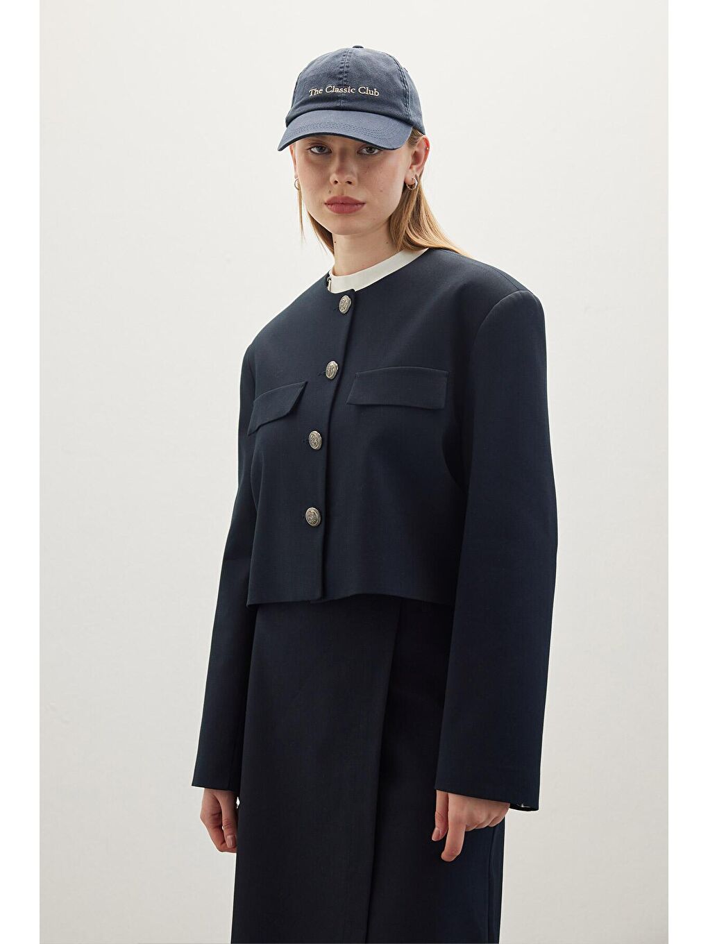 Metal Düğmeli Kısa Ceket Lacivert-4