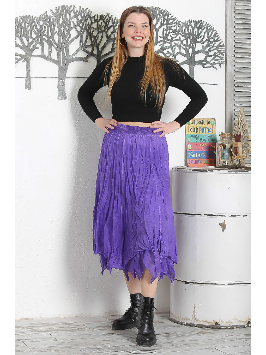 Mor Astarlı Yıkamalı Lastikli Bel Casual Asimetrik Dokuma Etek