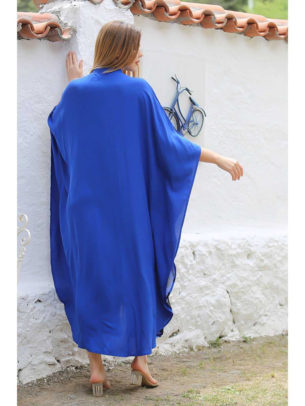 Siyah-Mavi Hakim Yaka Yarasa Kol Düğmeli Fleto Cep Baskılı Dokuma Oversize Casual Elbise-6