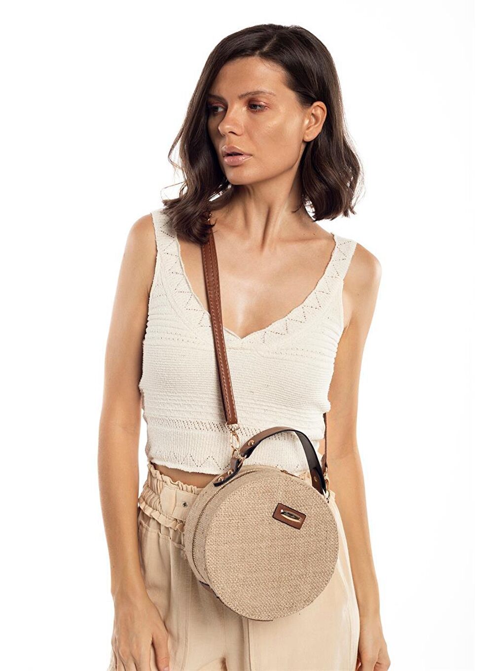 Bej Hasır Kadın Yuvarlak Omuz Çantası-6