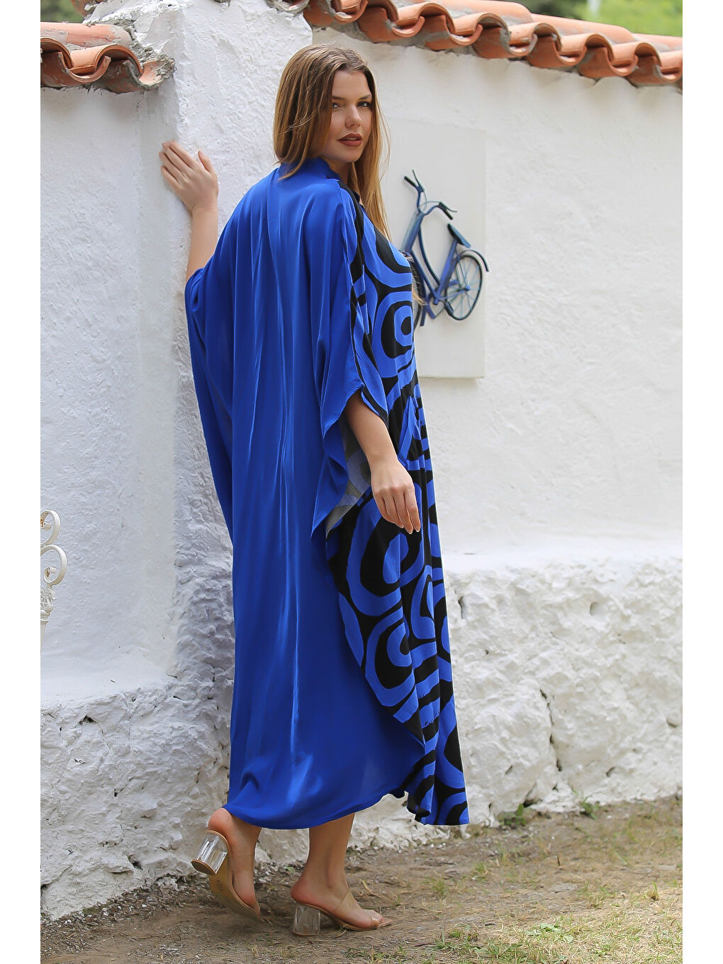 Siyah-Mavi Hakim Yaka Yarasa Kol Düğmeli Fleto Cep Baskılı Dokuma Oversize Casual Elbise-7