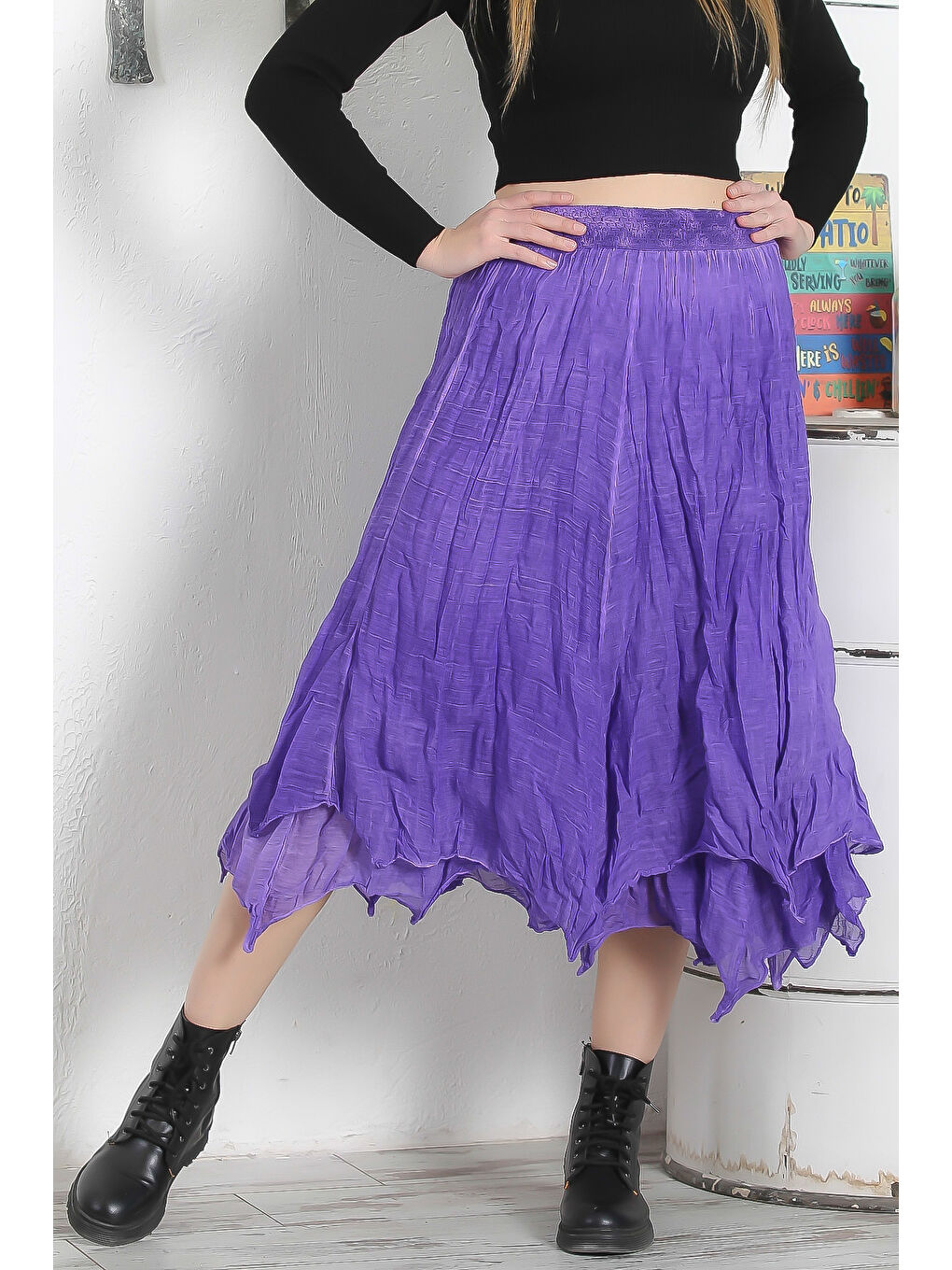 Mor Astarlı Yıkamalı Lastikli Bel Casual Asimetrik Dokuma Etek-1