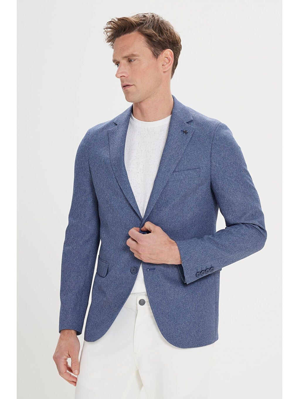 Erkek Mavi Slim Fit Dar Kesim Mono Yaka Desenli Ceket