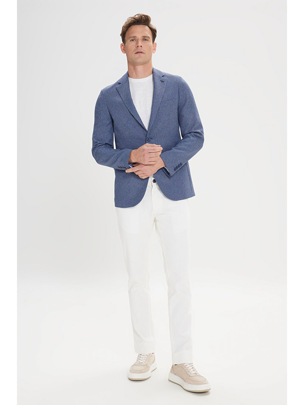 Erkek Mavi Slim Fit Dar Kesim Mono Yaka Desenli Ceket-1