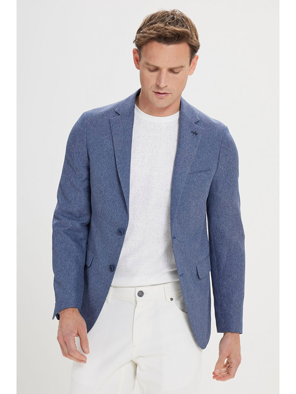 Erkek Mavi Slim Fit Dar Kesim Mono Yaka Desenli Ceket-2