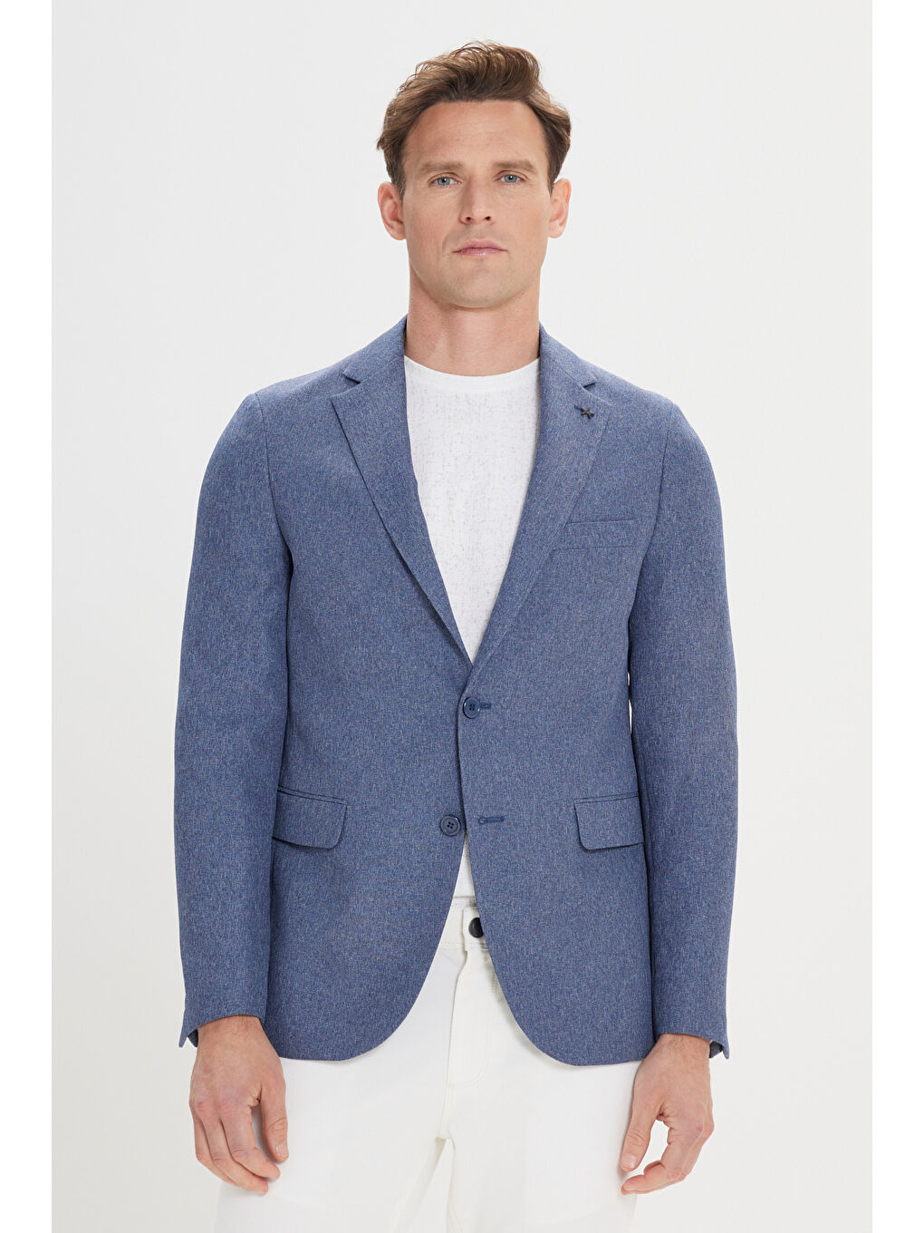 Erkek Mavi Slim Fit Dar Kesim Mono Yaka Desenli Ceket-3