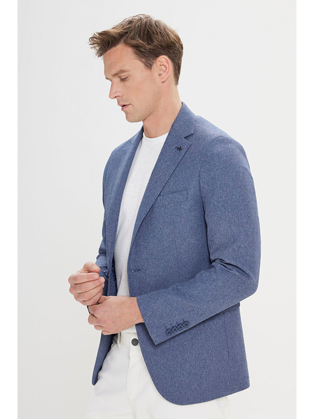 Erkek Mavi Slim Fit Dar Kesim Mono Yaka Desenli Ceket-4