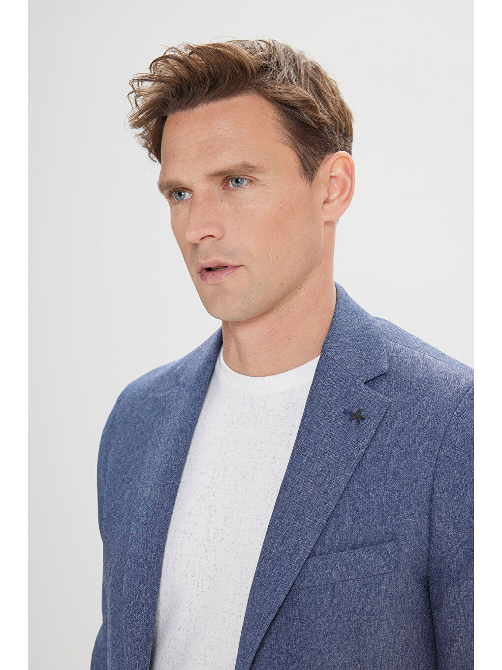 Erkek Mavi Slim Fit Dar Kesim Mono Yaka Desenli Ceket-5