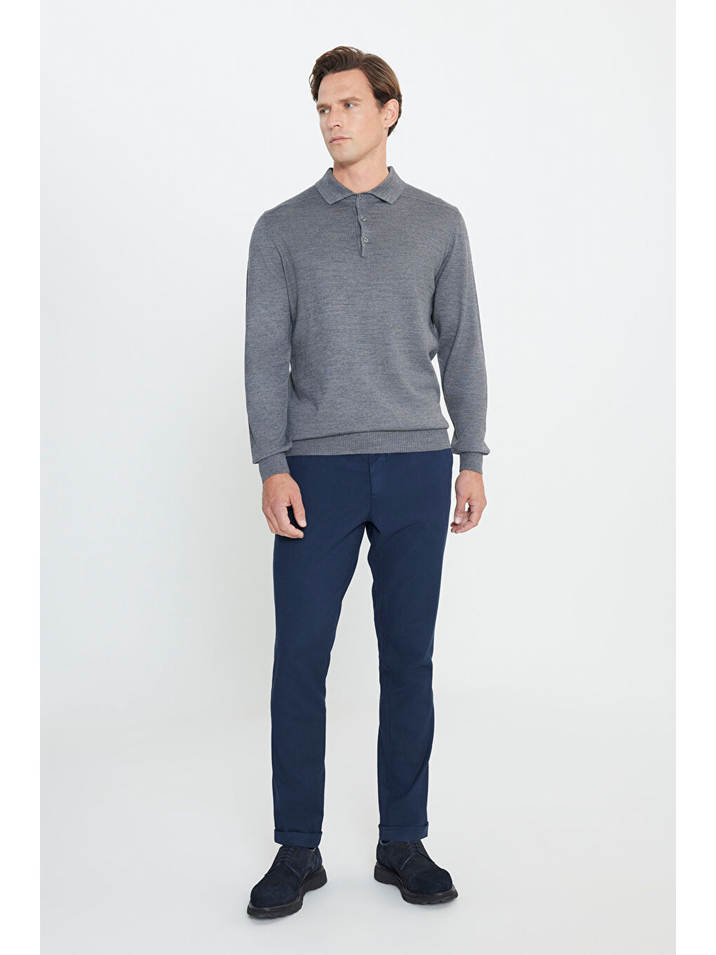 Erkek Gri Melanj Yünlü Sıcak Tutan Standart Fit Normal Kesim Polo Yaka Triko Kazak-1