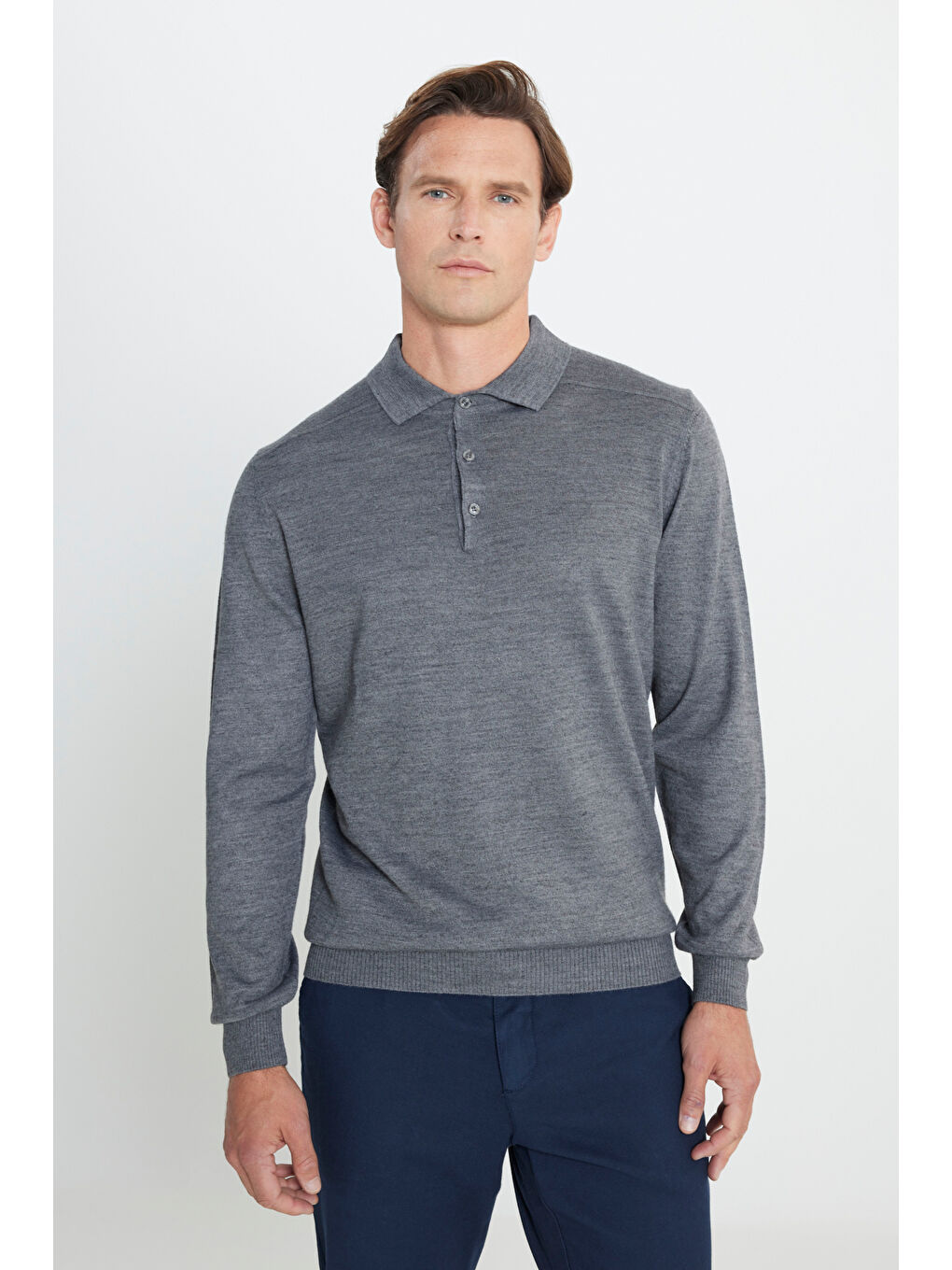 Erkek Gri Melanj Yünlü Sıcak Tutan Standart Fit Normal Kesim Polo Yaka Triko Kazak-2