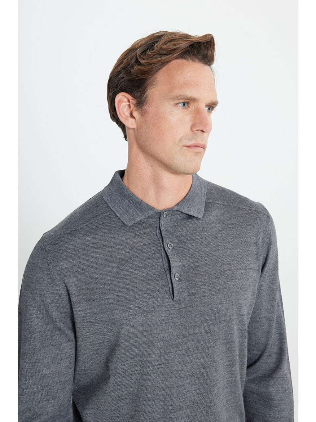 Erkek Gri Melanj Yünlü Sıcak Tutan Standart Fit Normal Kesim Polo Yaka Triko Kazak-3