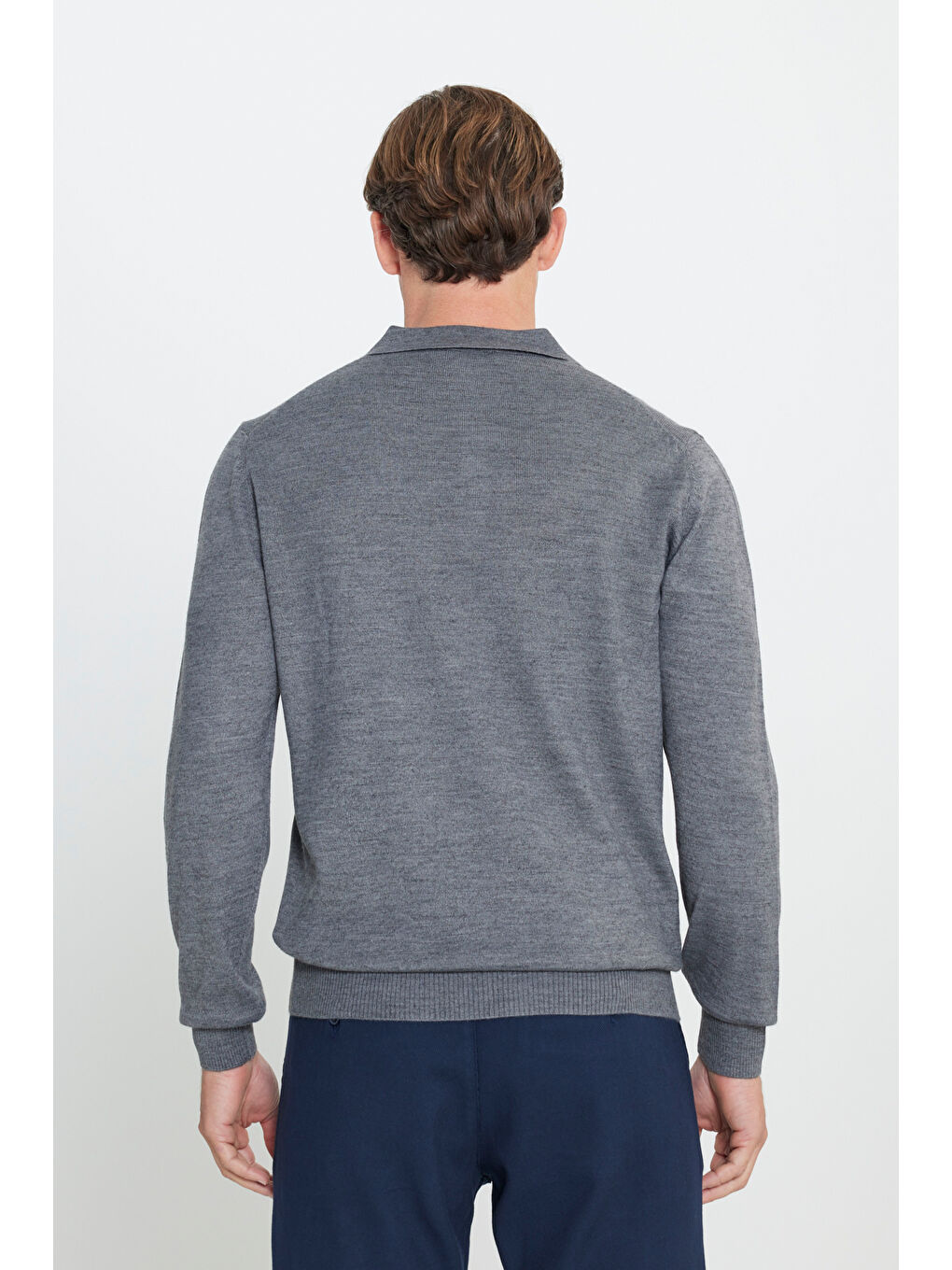 Erkek Gri Melanj Yünlü Sıcak Tutan Standart Fit Normal Kesim Polo Yaka Triko Kazak-4