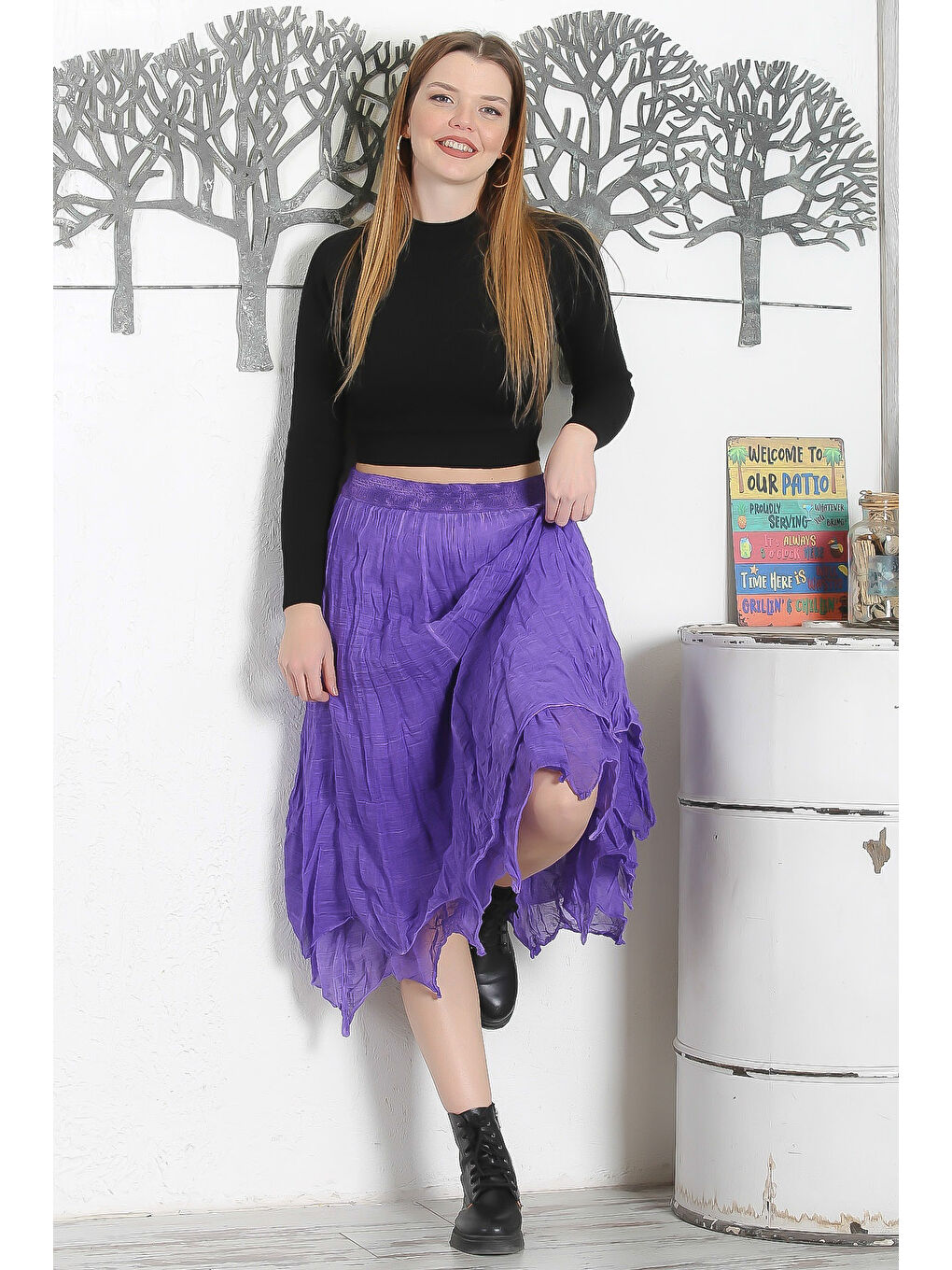 Mor Astarlı Yıkamalı Lastikli Bel Casual Asimetrik Dokuma Etek-2