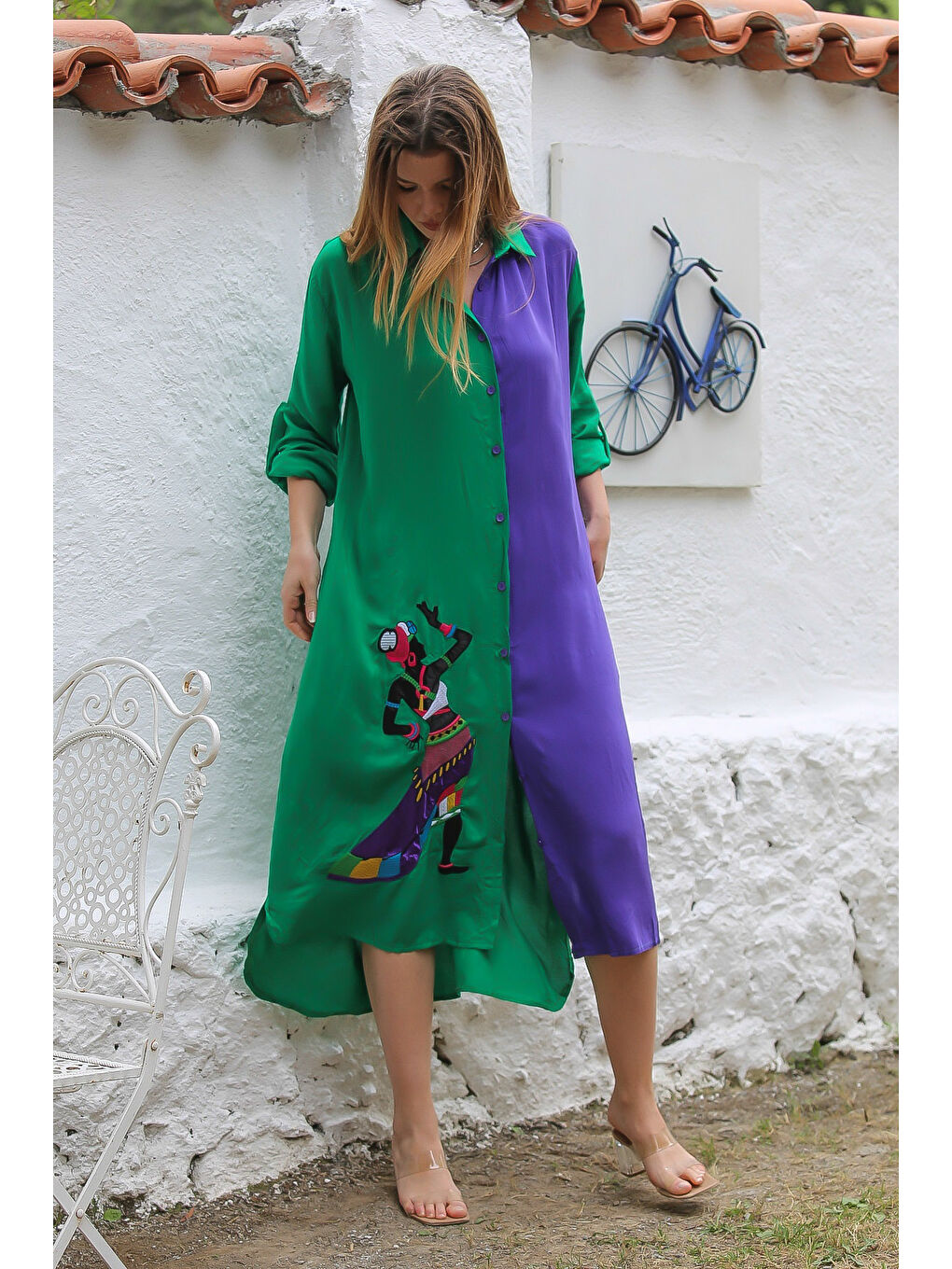 Yeşil-Mor Gömlek Yaka Düğmeli 3/4 Kol Düğmeli Nakışlı Dokuma Casual Elbise