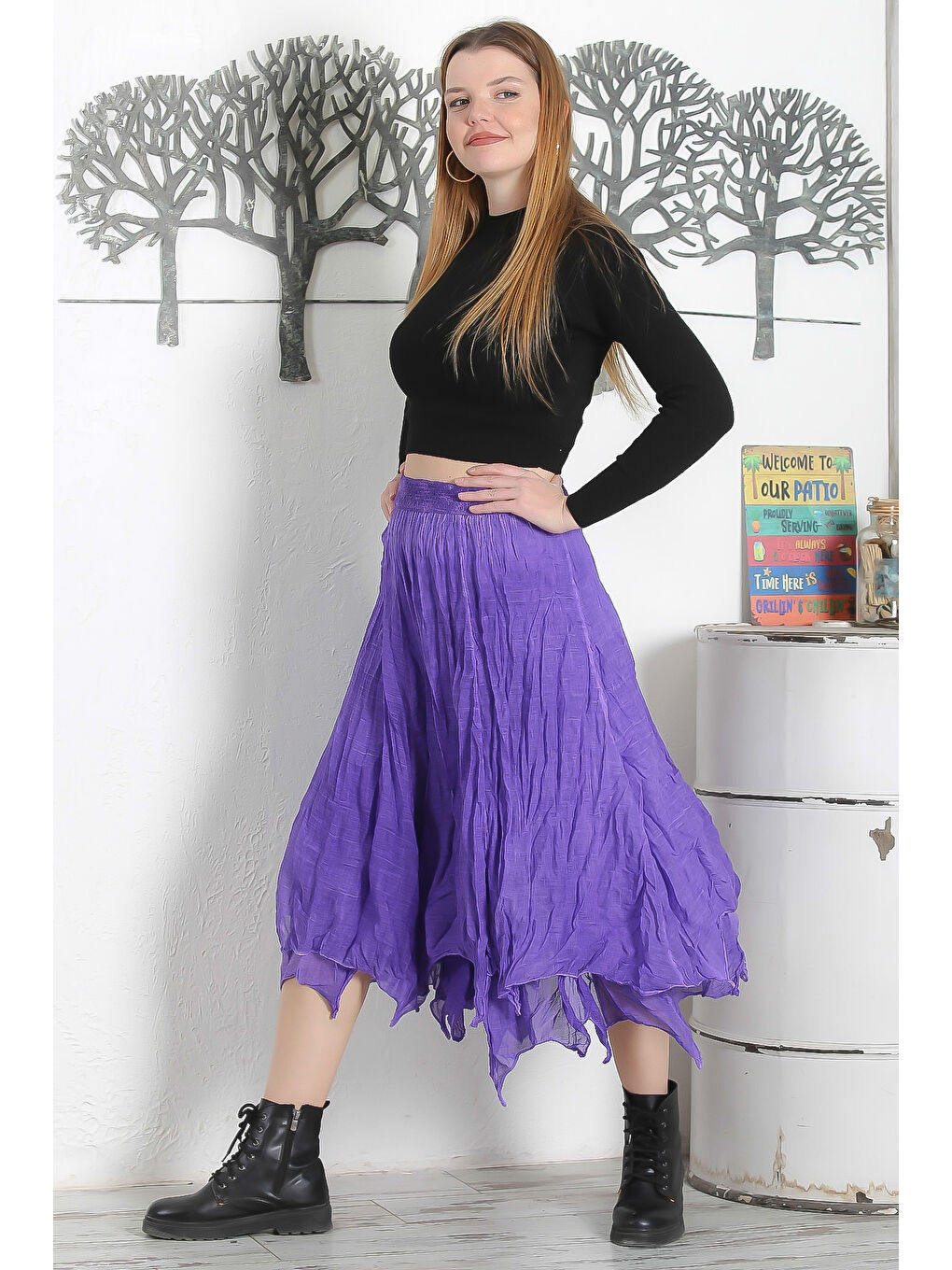 Mor Astarlı Yıkamalı Lastikli Bel Casual Asimetrik Dokuma Etek-3