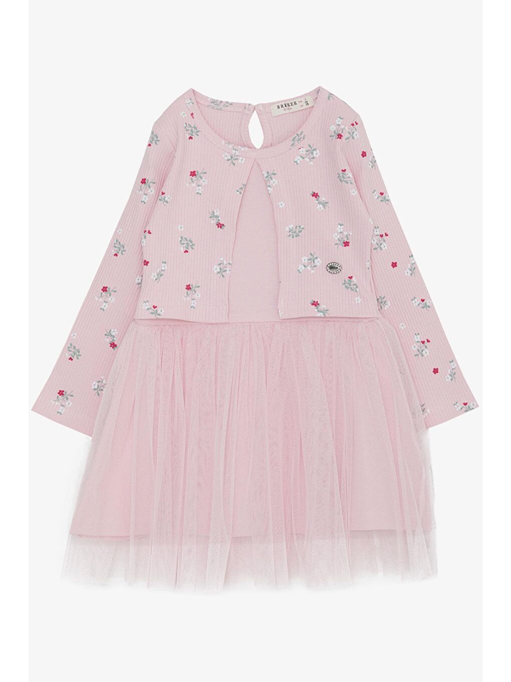 Kız Çocuk Uzun Kollu Ebise Tüllü Çiçek Desenli Pembe (3-8 Yaş)