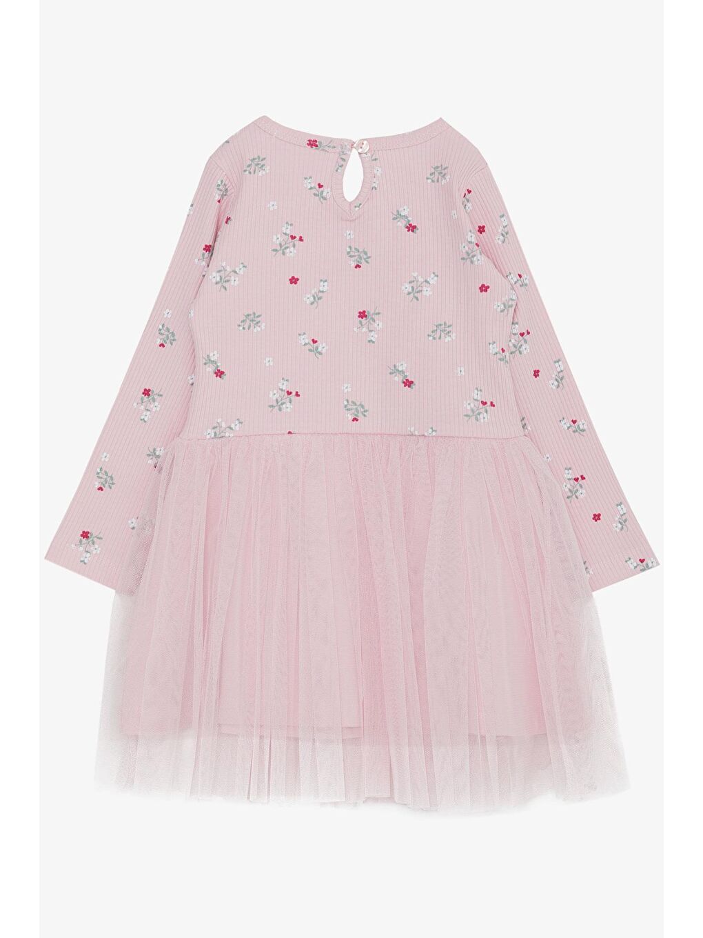 Kız Çocuk Uzun Kollu Ebise Tüllü Çiçek Desenli Pembe (3-8 Yaş)-1