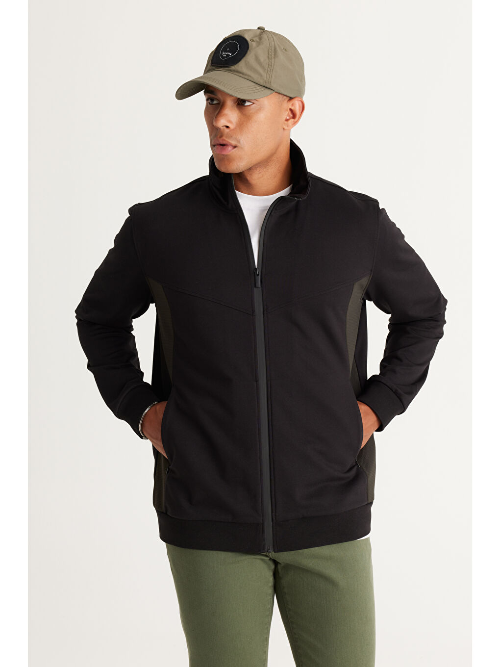 Siyah-Haki Slim Fit Dar Kesim Dik Yaka Pamuklu Erkek Fermuarlı Sweatshirt Hırka