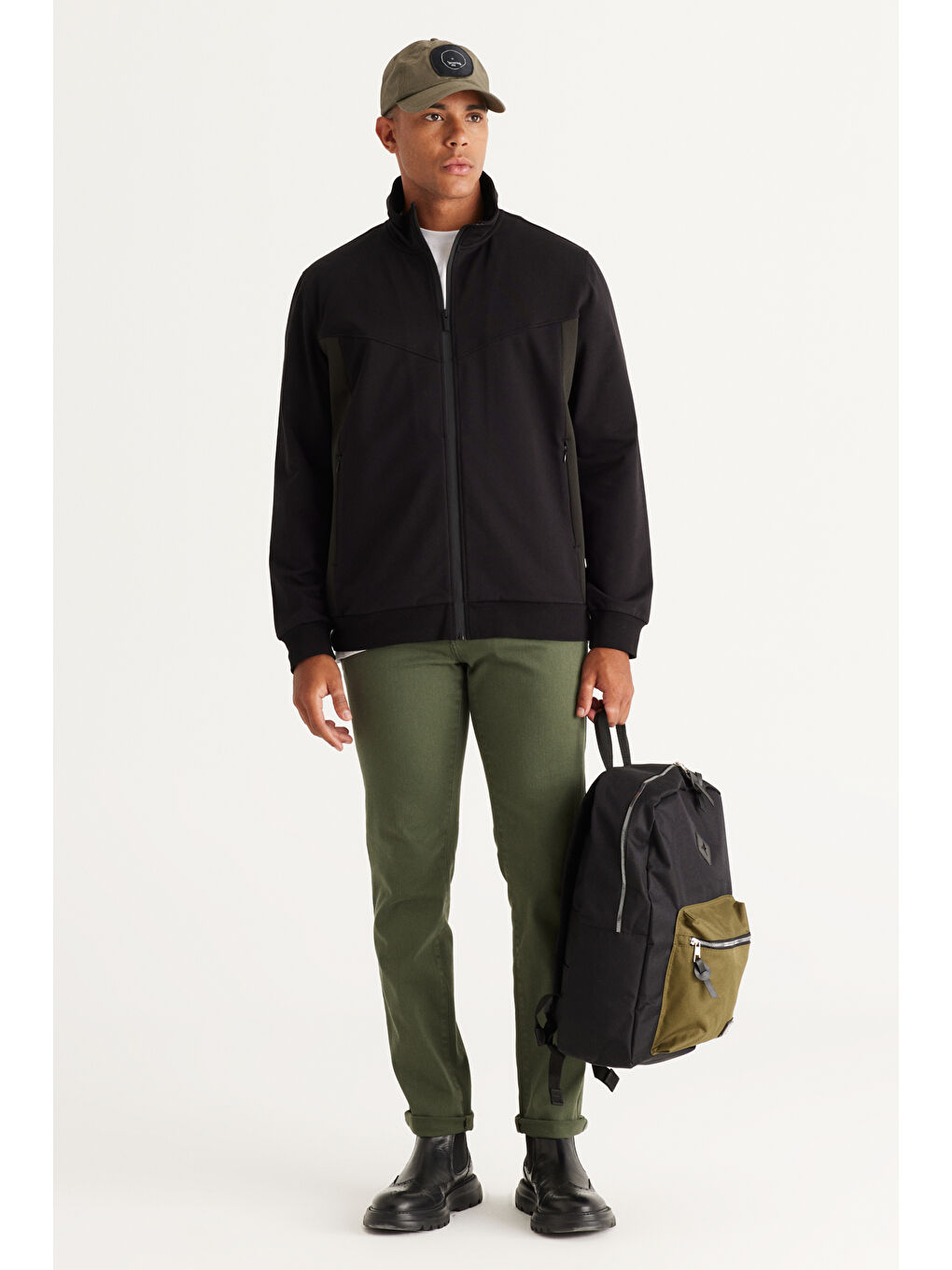 Siyah-Haki Slim Fit Dar Kesim Dik Yaka Pamuklu Erkek Fermuarlı Sweatshirt Hırka-1