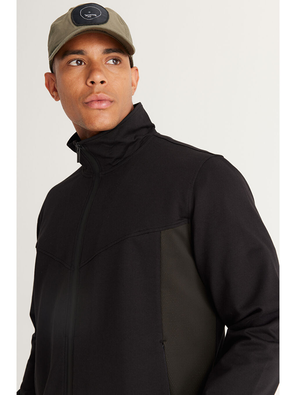 Siyah-Haki Slim Fit Dar Kesim Dik Yaka Pamuklu Erkek Fermuarlı Sweatshirt Hırka-2