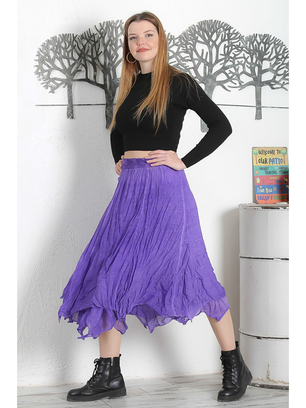 Mor Astarlı Yıkamalı Lastikli Bel Casual Asimetrik Dokuma Etek-4