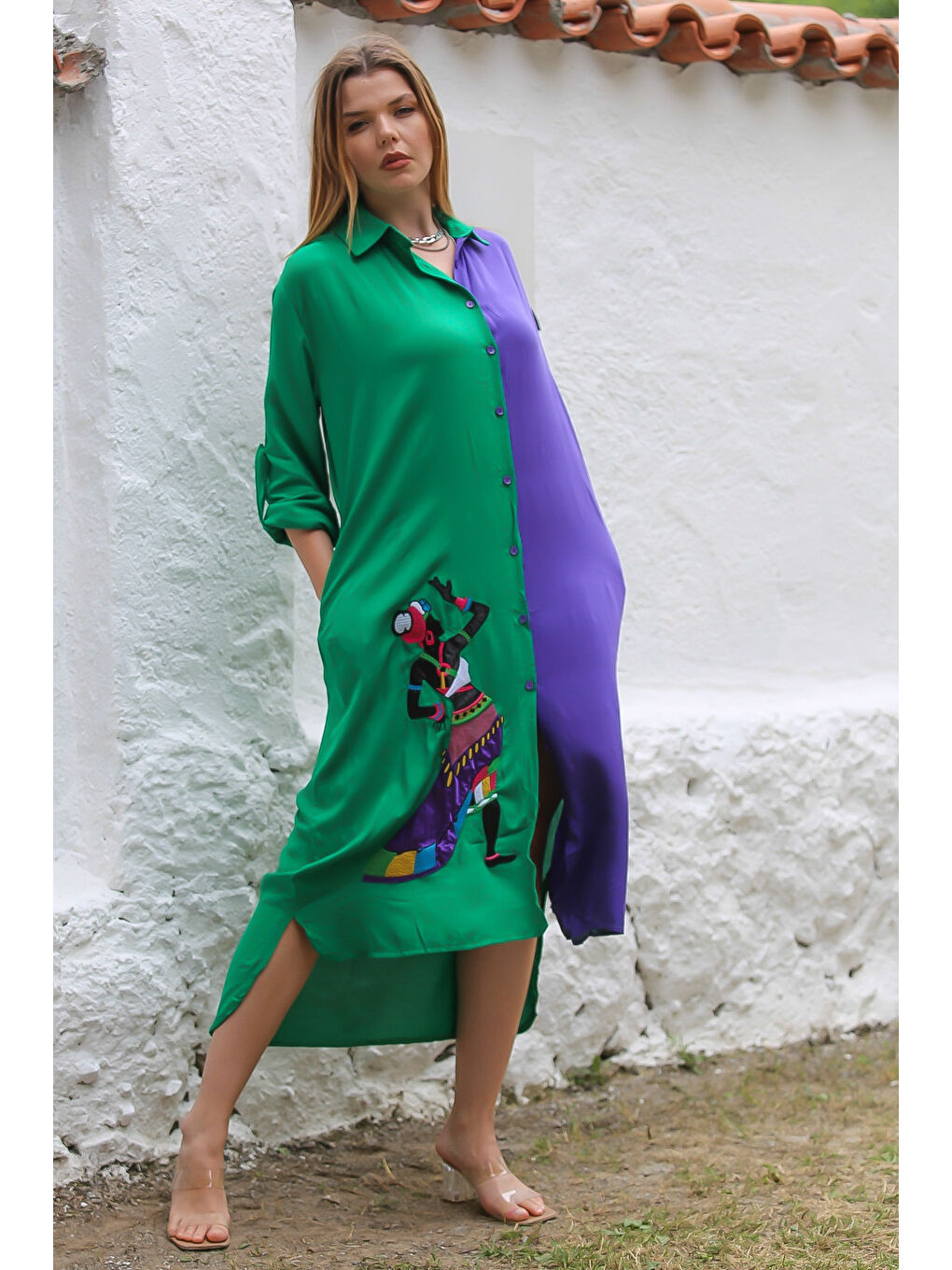 Yeşil-Mor Gömlek Yaka Düğmeli 3/4 Kol Düğmeli Nakışlı Dokuma Casual Elbise-1