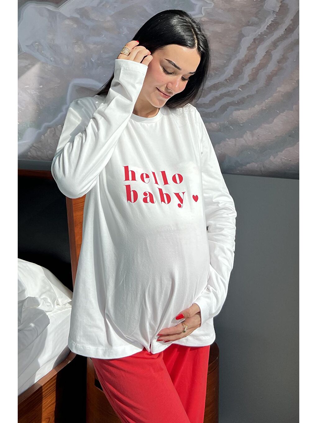 For You Mama Ekru Hello Baby Baskılı Hamile Uzun Kol Ekru Pijama Takımı - 3