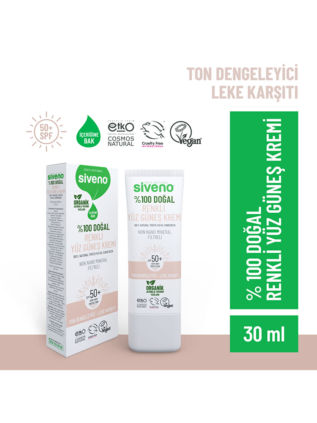 %100 Doğal Yüz Güneş Kremi Renkli Ton Eşitleyici Leke Karşıtı UVA UVB SPF 50+ 30 ml