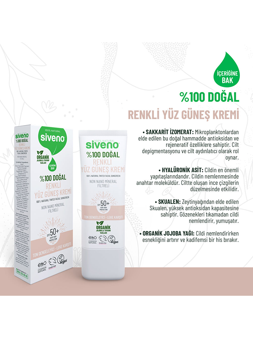 %100 Doğal Yüz Güneş Kremi Renkli Ton Eşitleyici Leke Karşıtı UVA UVB SPF 50+ 30 ml-1