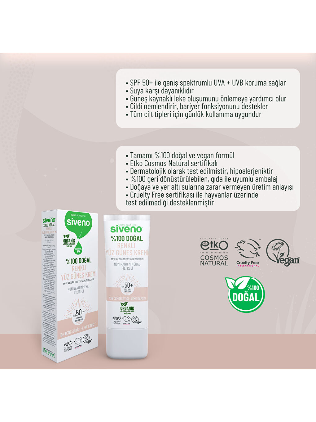 %100 Doğal Yüz Güneş Kremi Renkli Ton Eşitleyici Leke Karşıtı UVA UVB SPF 50+ 30 ml-6