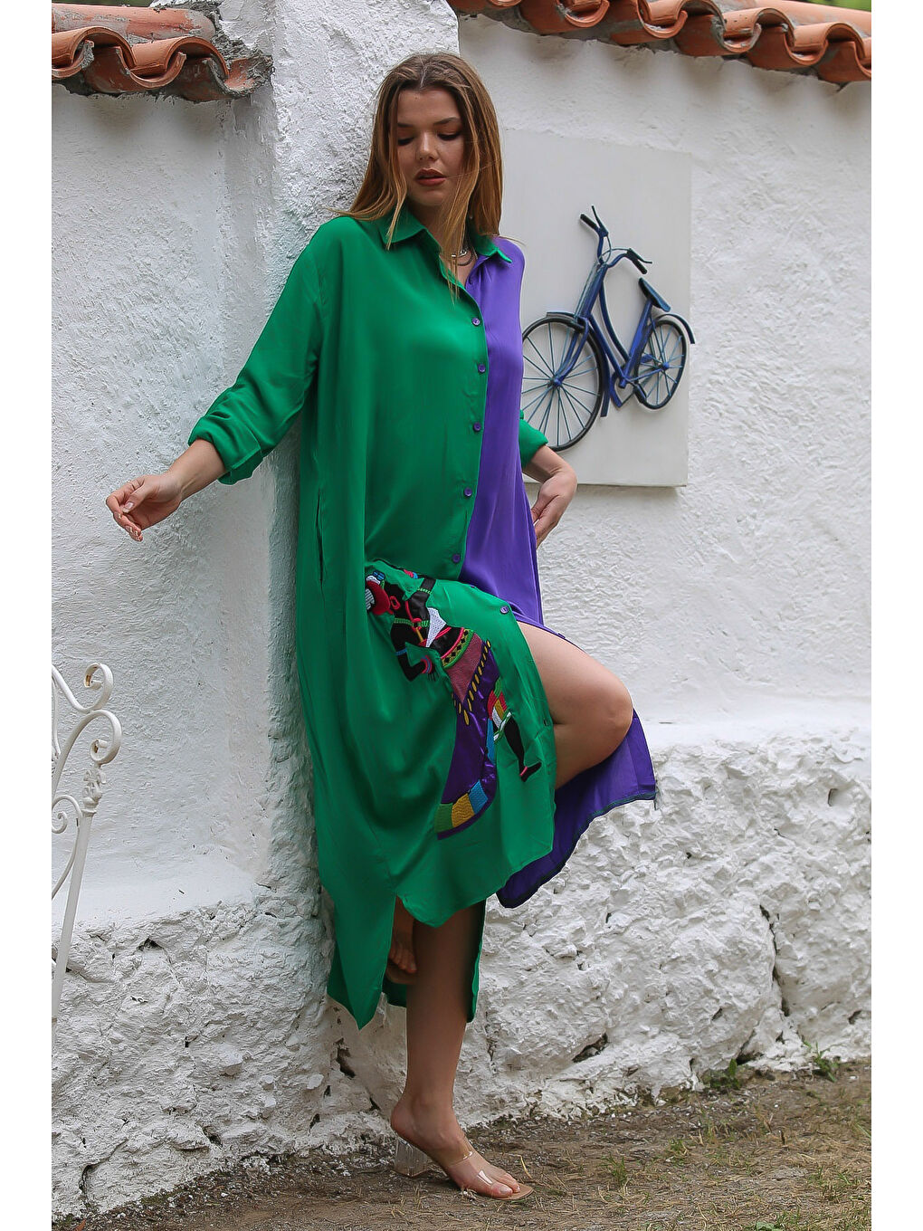 Yeşil-Mor Gömlek Yaka Düğmeli 3/4 Kol Düğmeli Nakışlı Dokuma Casual Elbise-2