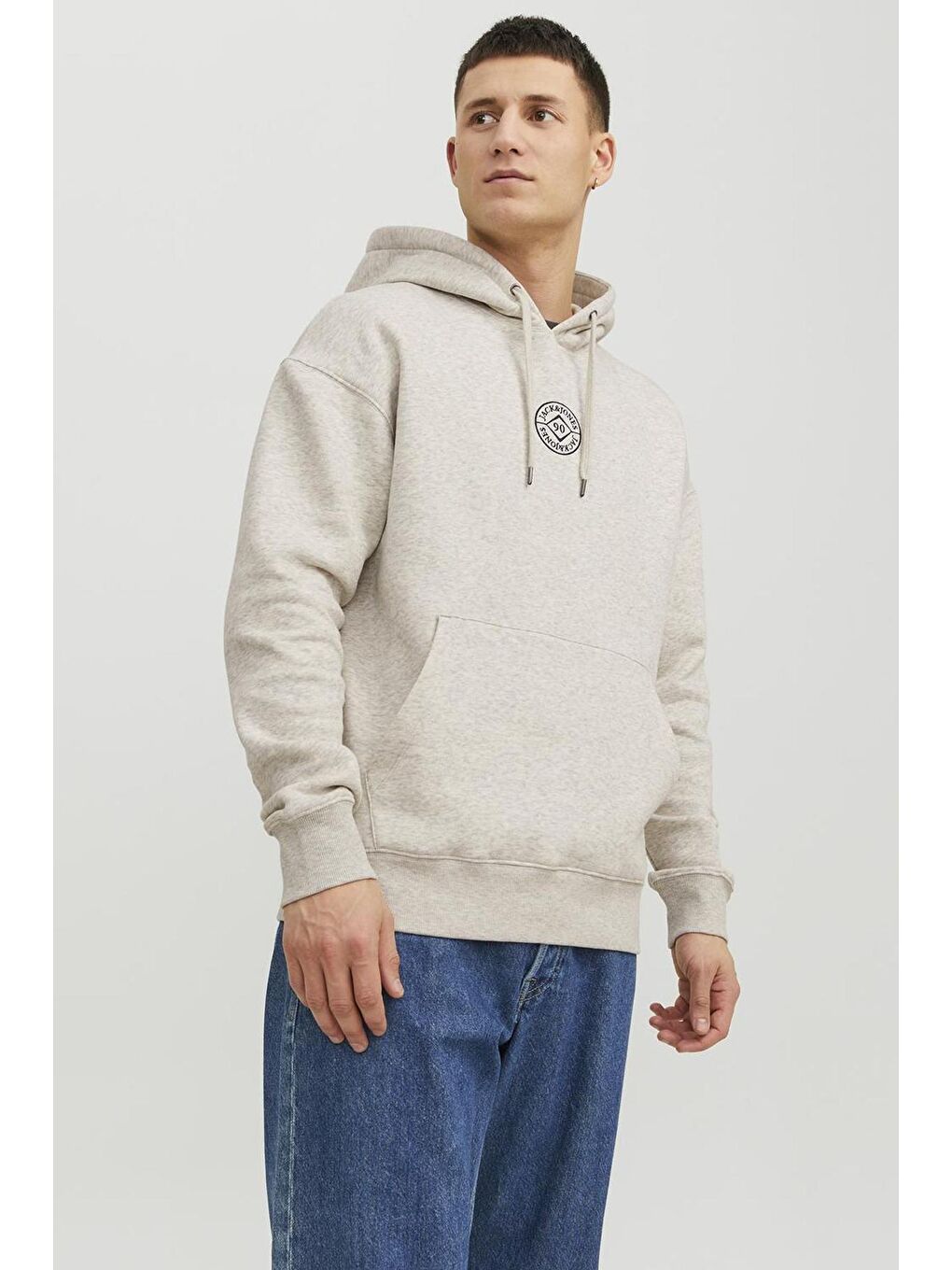 Jack & Jones Açık Gri Essentials Jjecosmo Kapüşonlu Regular Fit Erkek Sweat 12233979