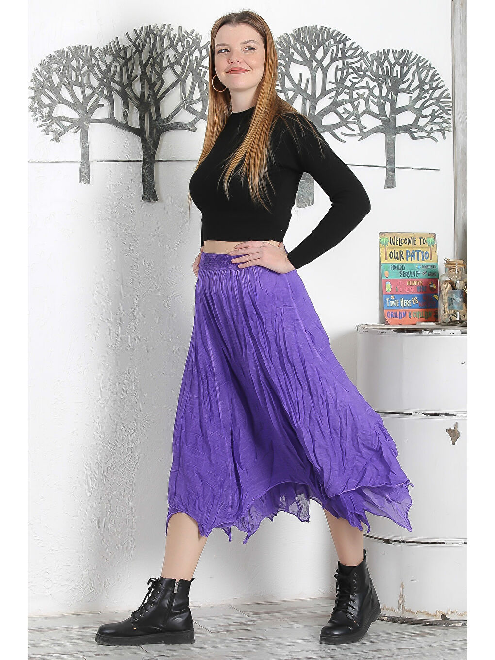 Mor Astarlı Yıkamalı Lastikli Bel Casual Asimetrik Dokuma Etek-5