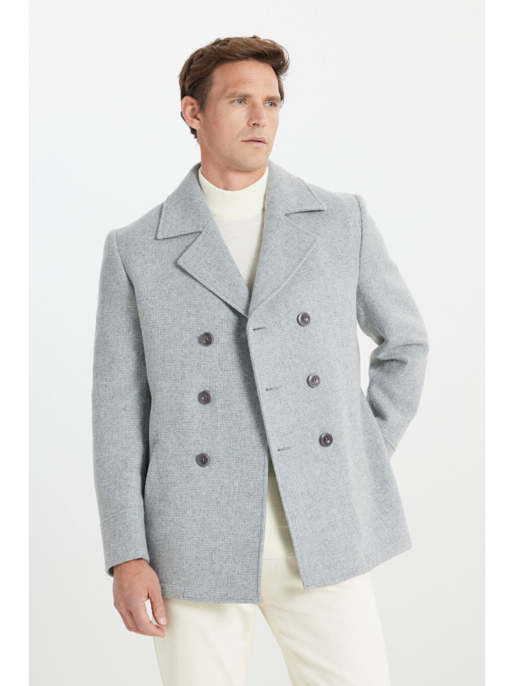 Erkek Gri Termometreli Standart Fit Normal Kesim Mono Yaka Kareli Yan Cep Kaban