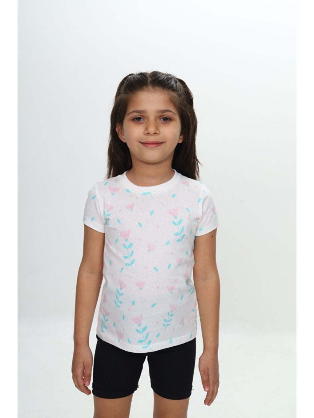 Beyaz Kız Çocuk Komple Lale Baskılı Tişört-2