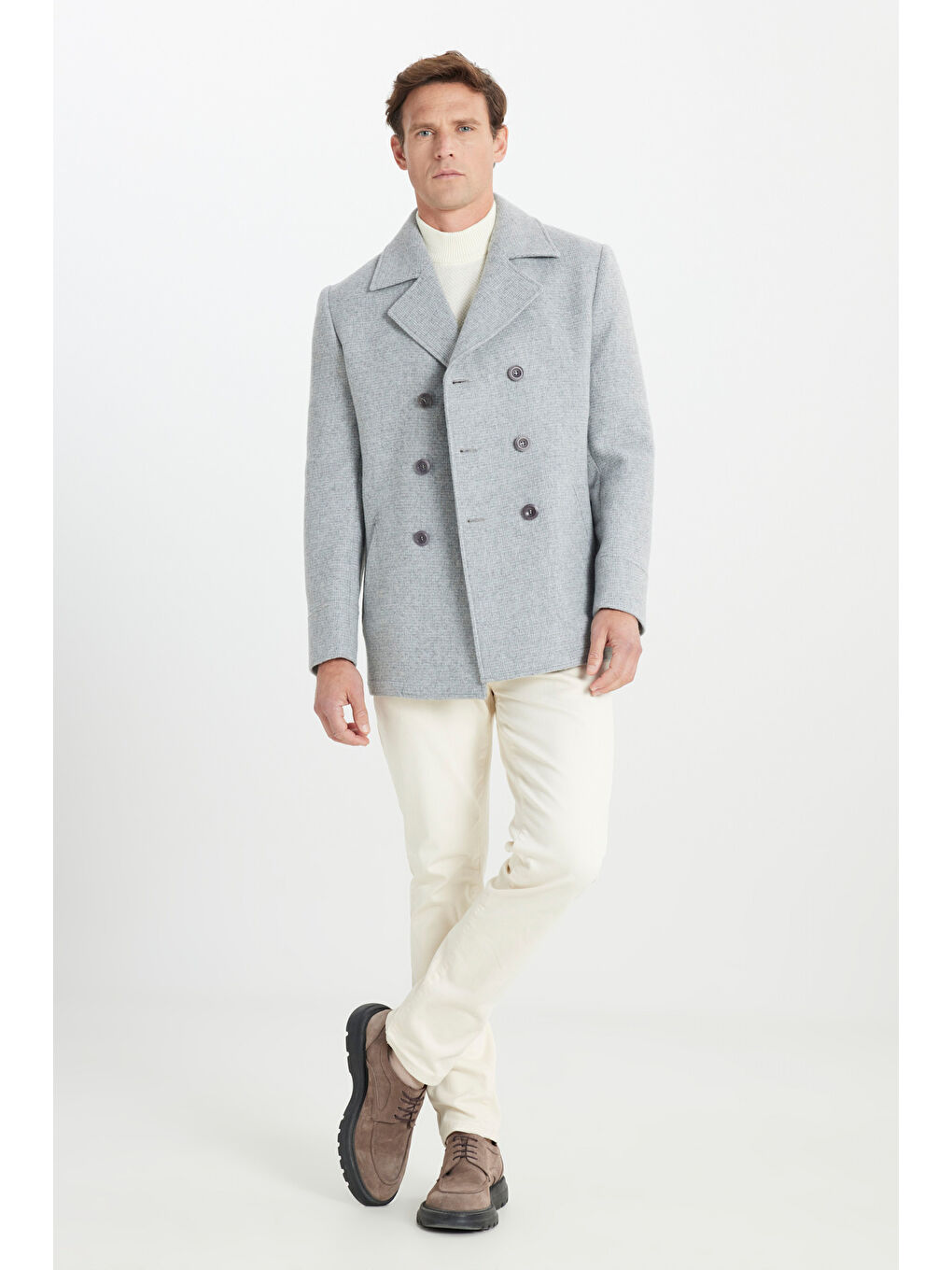 Erkek Gri Termometreli Standart Fit Normal Kesim Mono Yaka Kareli Yan Cep Kaban-1